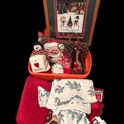 CV120 - Group of Holiday Decor, Table Linens, Christmas Stockings