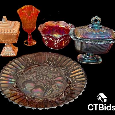 CV188 - Assorted Carnival Glass Collection – Amethyst, Marigold, Amberina and Red Iridescent Pieces