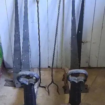 Cast Iron Fireplace Set with Decorative Hinges and Pokers