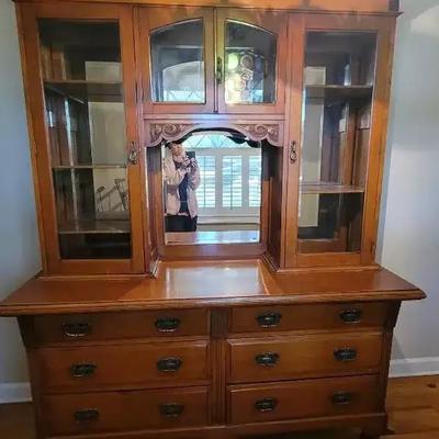 Massive Mid-Century Hardwood China Cabinet with Mirror & Carved Details
