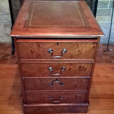 Wooden File Cabinet with Brass Handles and Leather Inlay Top