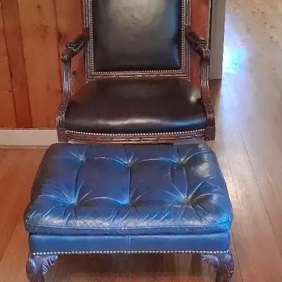Black Swivel Office Chair with Blue Tufted Ottoman