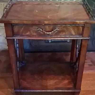 Wooden Side Table with Drawer and Decorative Metal Trim