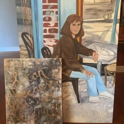 Pair of Hand-Painted Canvas Artworks – Portrait & Mixed Media