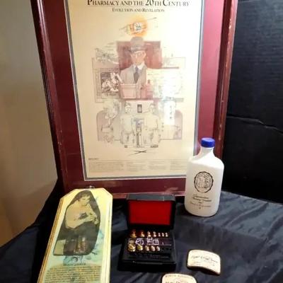 Vintage Pharmacy Memorabilia Collection – Framed Art, Ohaus Weight Set & 1967 Pharmacy Bottle
