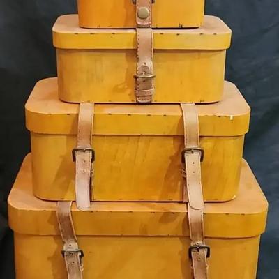 Set of 4 Vintage Global Views Stacking Decorative Boxes with Leather Straps