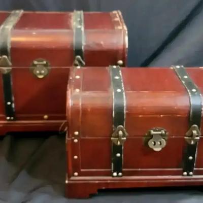 Pair of Vintage Wooden Treasure Chests with Metal and Leather Accents