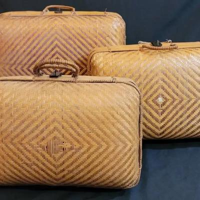 Set of Three Vintage Woven Rattan Suitcases