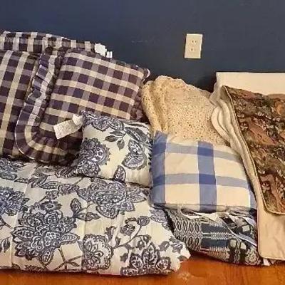 Collection of Blue & White, Cream, and Multicolor Linens, Drapes & Bedspread