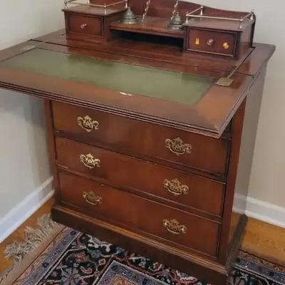 Antique Wooden Writing Desk with Fold-Out Leather Top and Brass Pulls