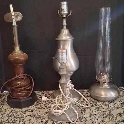 Collection of Four Table Lamps – Wood, Pewter & Oil