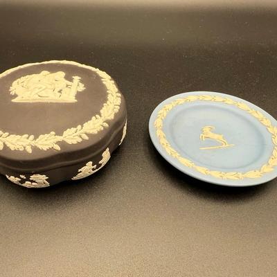 Wedgewood JASPERWARE Black Lg. Scalloped Candy Box & Lid / Sm. Jasperware Zodiac Goat Dish 
