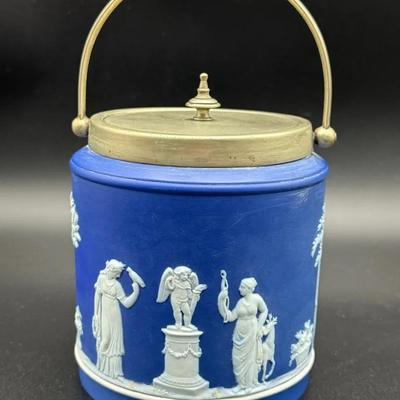 Antique Wedgewood England Blue Jasper Biscuit Barrel with Silver Plated EPNS Lid Handle 7.5" High
