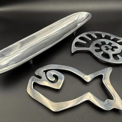 Fish and Nautilus Trivet and Silverplate Serving Dish