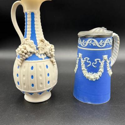 Wedgewood Blue Jasperware Coffee Pot & Antique Blue/White Parian Ware Ewer