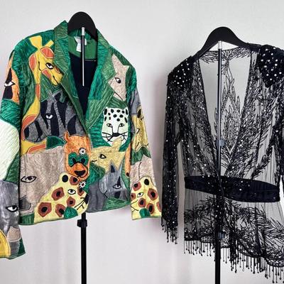 High quality: (1) Patchwork Jungle Jacket and (1) Hand Beaded Plunge Top w/black sleeveless tee