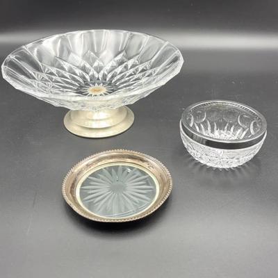 Vintage Val St. Lambert Crystal Pedestal Bowl / Silverplate Bowl & Coaster