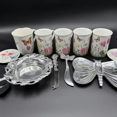 Butterfly Service Including Cheese Tray, knives, and wine caddy; Bone China Cups
