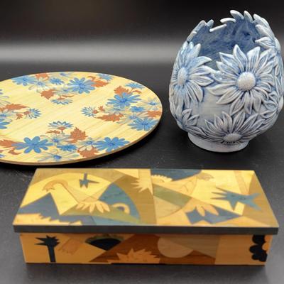 Artsy Lot with a Decorative Wooden Box, Wooden Danish Plate & Handmade Diatarz Daisy Pot
