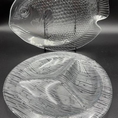 Vintage Arcoroc Serving Plates, (A Fish And Molded Glass Divided Serving Plate)