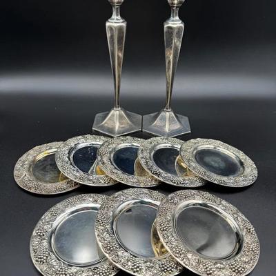 Silverplate Candle Holders and Grapevine Coasters