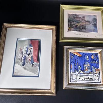 3 Pieces - "Cahir Castle" Signed by Keith Thompson / Old Fisherman Watercolor / Magnanelli Tile