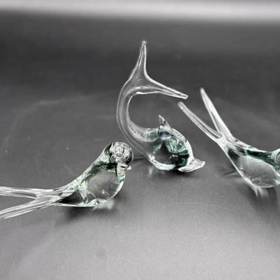 Beautiful Clear Art Glass Swallows & Dolphin Colored in the Murano Style