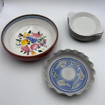 Hand Painted - Oven Proof Bowls/Dishes + (6) Vintage Hall Ceramic Au Gratin Dishes