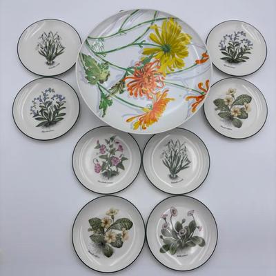 Porcelain Pedestal Cake Plate and (8) Royal Vale Flower Cake Plates