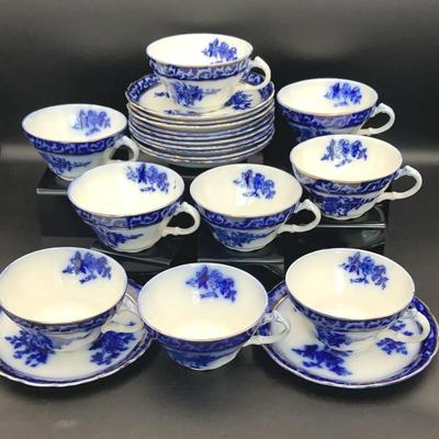 Flow Blue “Touraine” Tea Set – 9 Cups & 12 Saucers, Stanley Pottery England, Cobalt & Gold Trim