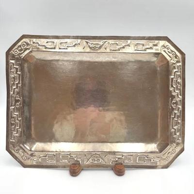 Peruvian Hand-Hammered 900 Silver Tray with Geometric Inca Border