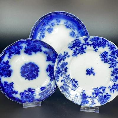 Flow Blue Plates – 2 New Wharf Pottery “Semiramis” England & 1 Dutch “Splendid” – Lot of 3, 8¾” 