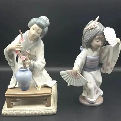 Lot of 2 Lladro Porcelain Figurines – “Oriental Dance” & “Japanese Girl Decorating”