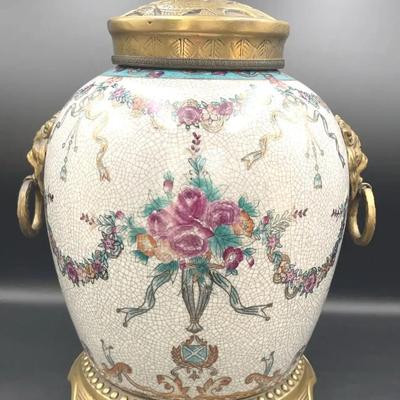 Paris Royal Crackleware Ginger Jar with Brass Lid and Base – Hand Painted Floral Motif