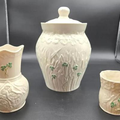 Irish Belleek-Style Porcelain Decor Set - Vase, Jar & Votive Candleholder
