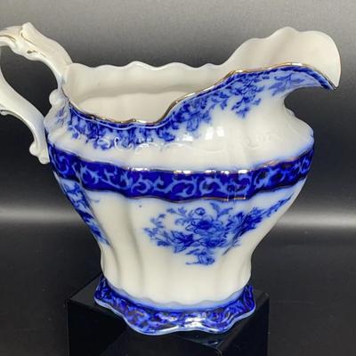 Flow Blue “Touraine” Pitcher – Hanley Pottery England – 8” Tall, Cobalt & Gold Trim