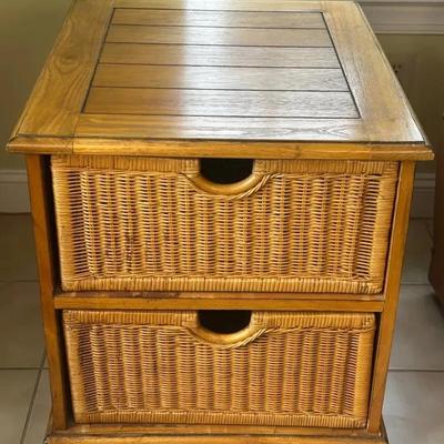 Wood Side Table with Wicker Drawers on Wheels