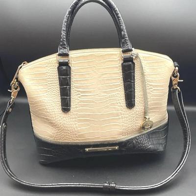 Brahmin Navy and Ivory Croc-Embossed Satchel – Structured Bag with Removable Strap