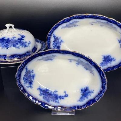 Flow Blue “Touraine” Serving Lot – 4 Pieces, Stanley Pottery England, Cobalt & Gold Trim