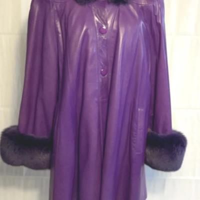 Purple Leather Swing Coat with Fox Fur Collar & Cuffs by Pollock Furs