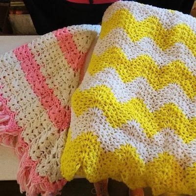 Gorgeous Crochet Yellow & White Bedspread, Pink & White Shoulder Shawl