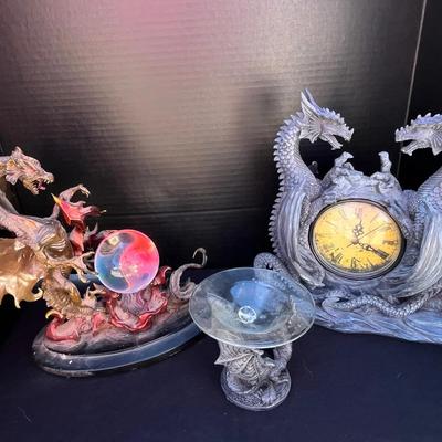 “The Dragon of Destiny Crystal Ball” Sculpture, Twin Dragons Clock & Dragon Oil Warmer