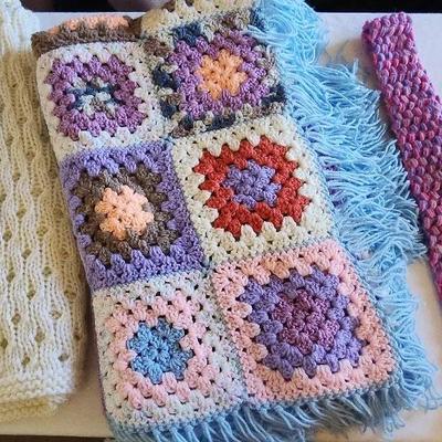 Crocheted Beauties, (2) Throws , (1) Scarf, Bag