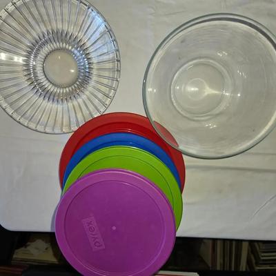 Pyrex Glass Bowls with Lids and Clear Glass Bowl