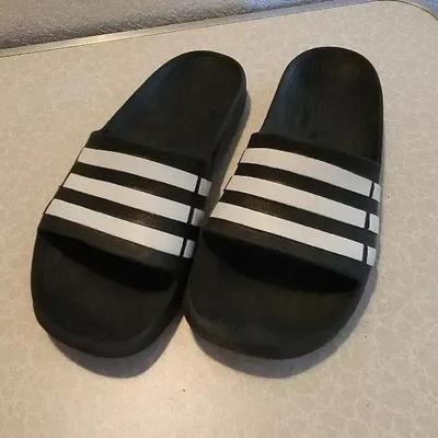 Black with Classic White Stripes - Adidas Slip On Slides Shoes, Size 6