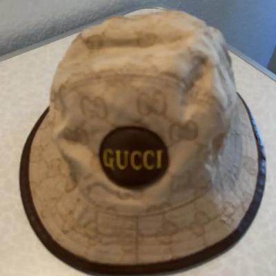 Gucci Bucket Hat With Brown Leather Trim - Classic Taupe Pattern