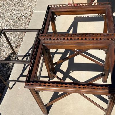 2 Dark Wood Tea Tables & 1 Metal End Table - Needs Glass 