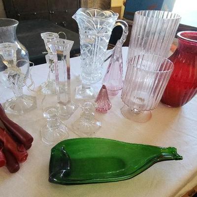 Variety Of Pretty Glassware, Candle Holders, Pitcher, Vases