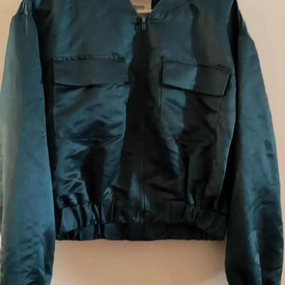 Madden NY Crop Green Satin Bomber Jacket - Large Pocket Zip Front