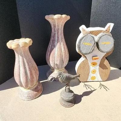 Outdoor Decor - Wooden Owl, Metal Bird and 2 Candle Pillars